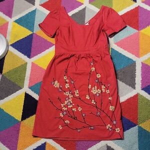 eShakti Red Short Sleeve Dress with Floral Embroidery